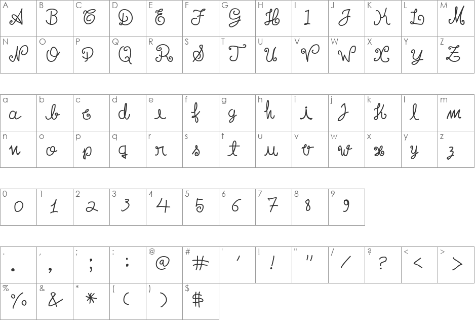 Escrita Toska Propria Med font character map preview