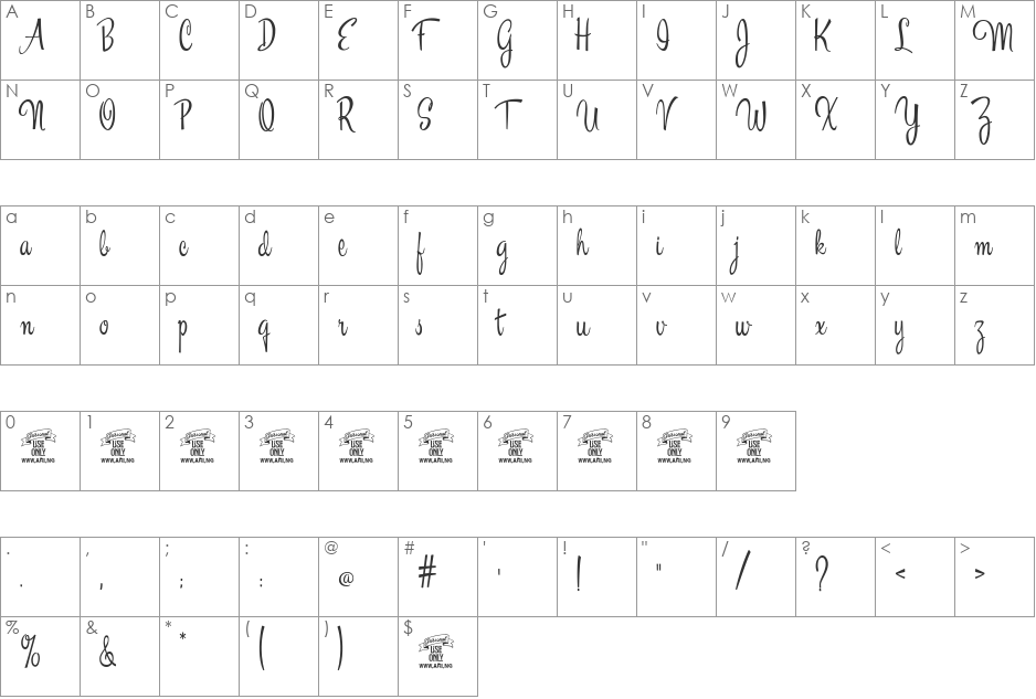 Esplanade Script PERSONAL USE font character map preview