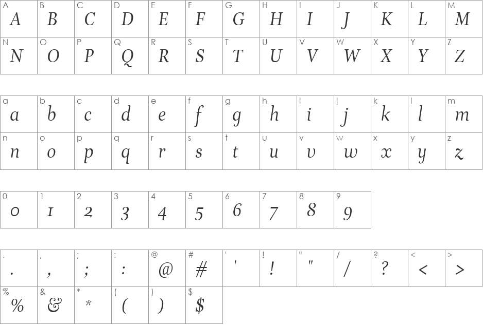EstaItalic font character map preview