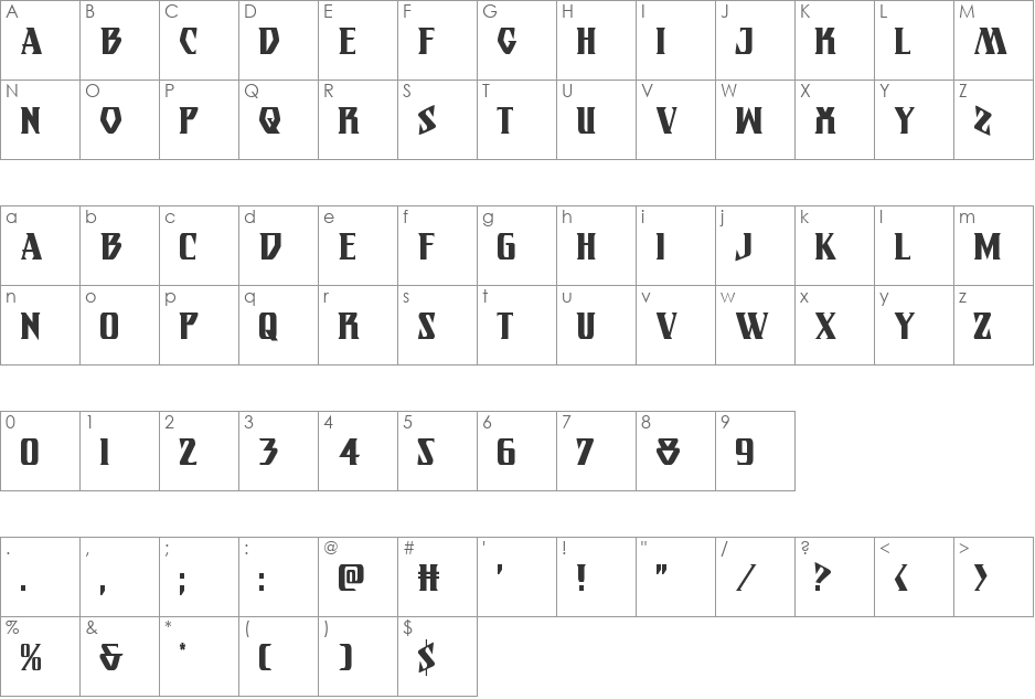 Eternal Knight Condensed font character map preview