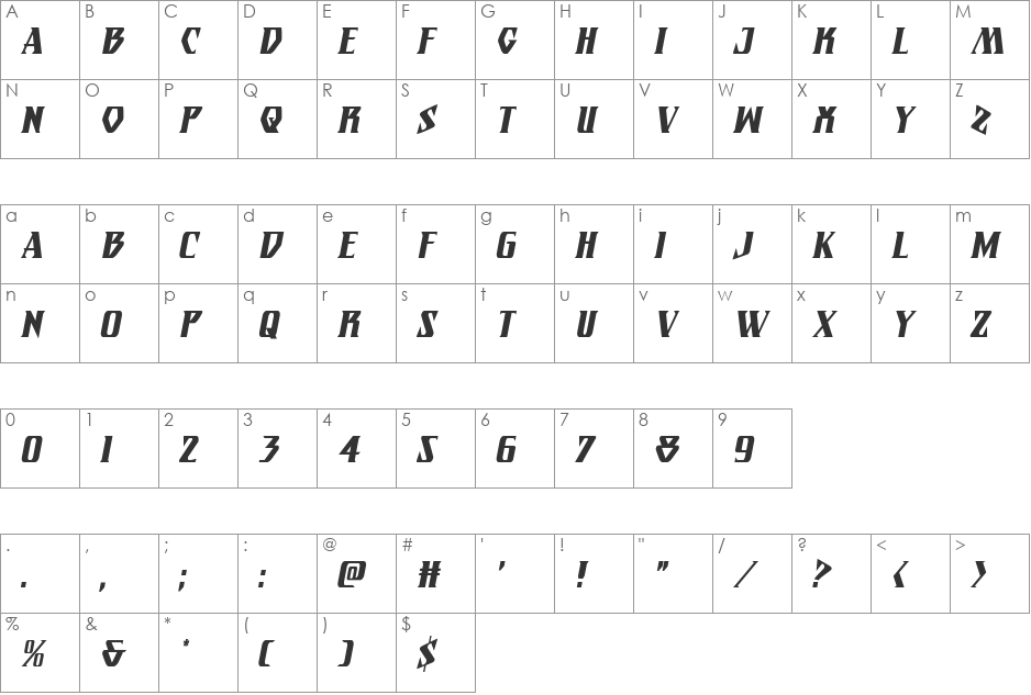 Eternal Knight Condensed Italic font character map preview
