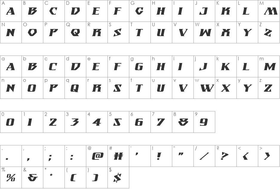 Eternal Knight Expanded Italic font character map preview