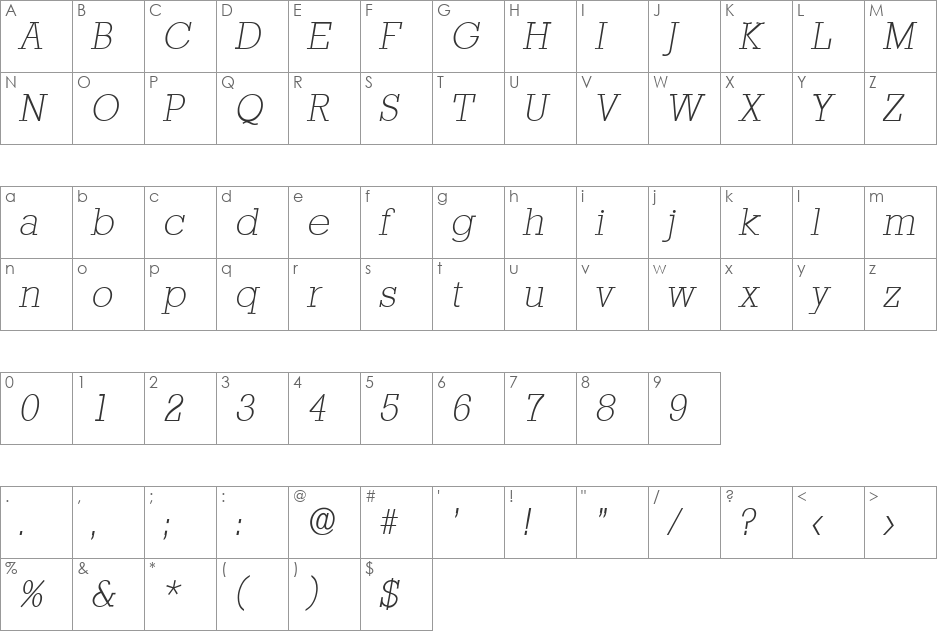EugeneBecker-ExtraLight font character map preview