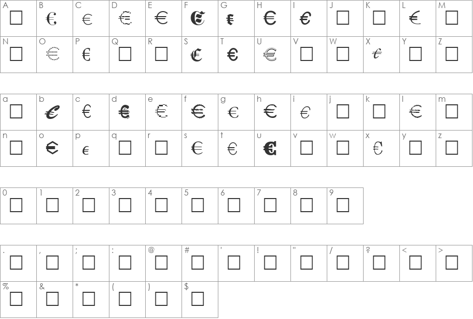 Euro Collection font character map preview