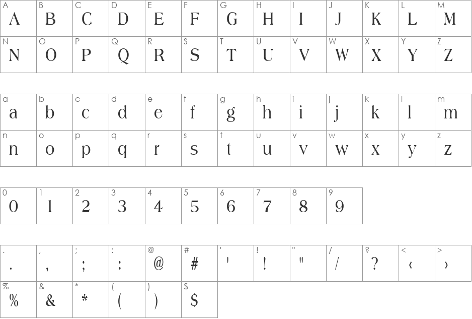 AmphionCondensed font character map preview