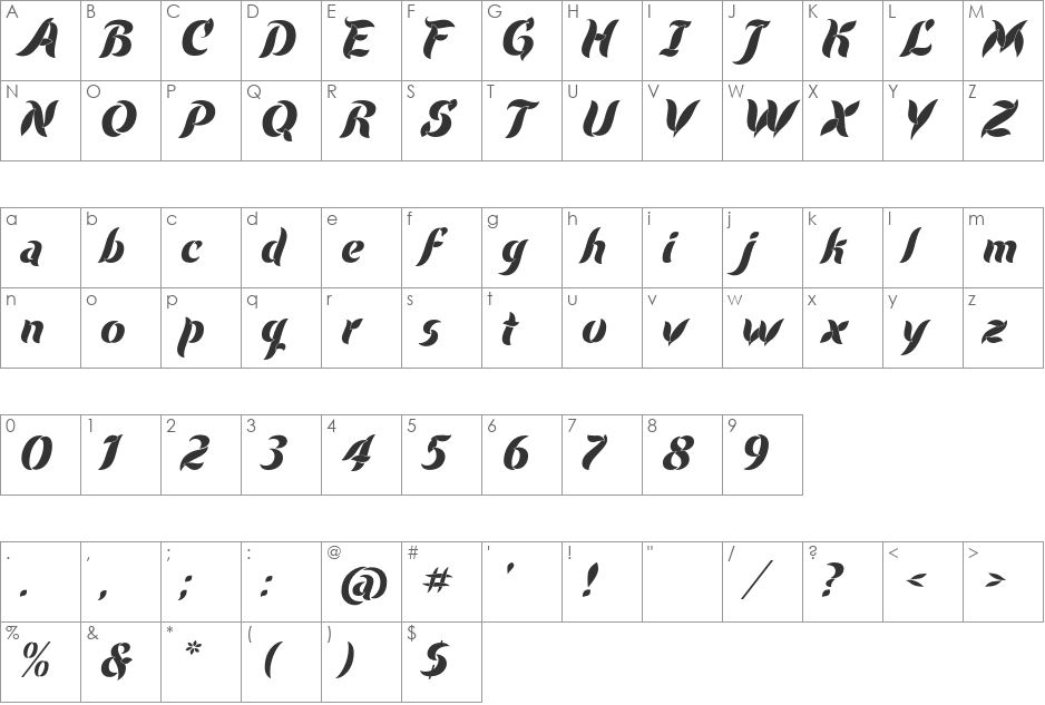 Evergreen font character map preview