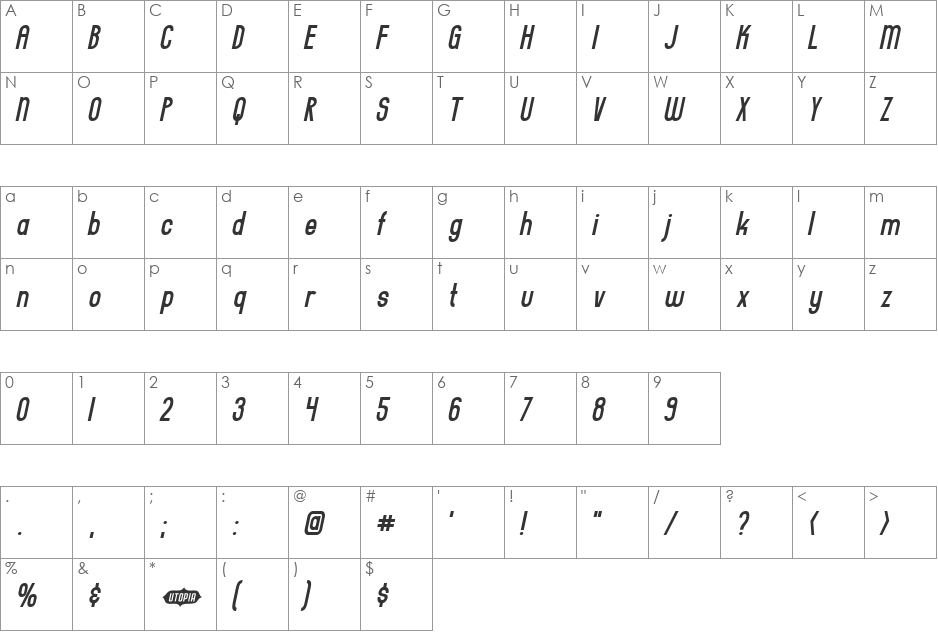 Everyday Formula Gaunt Sway font character map preview