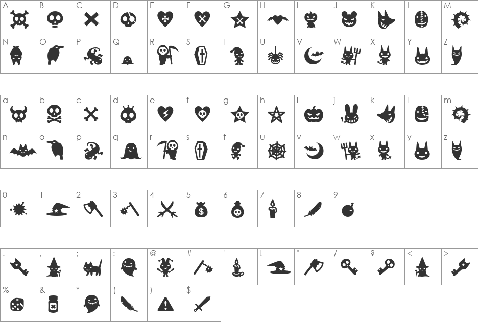 Evilz font character map preview