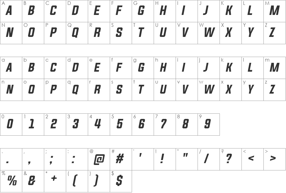 Evogria font character map preview