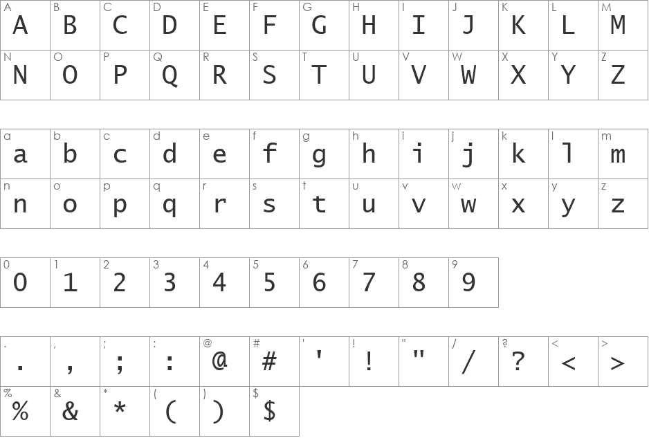 Excalibur Monospace font character map preview