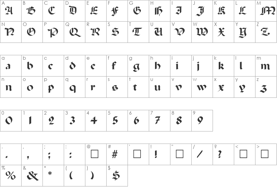 Excalibur SF font character map preview