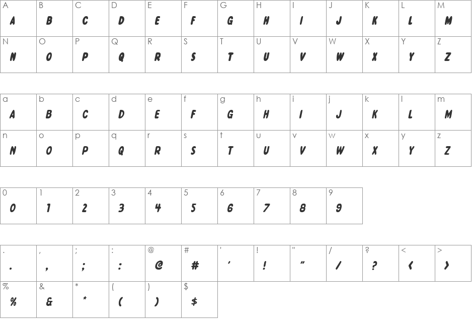 Excelsior Comics Italic font character map preview