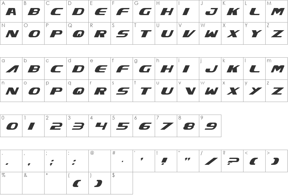 Excelsior Italic font character map preview