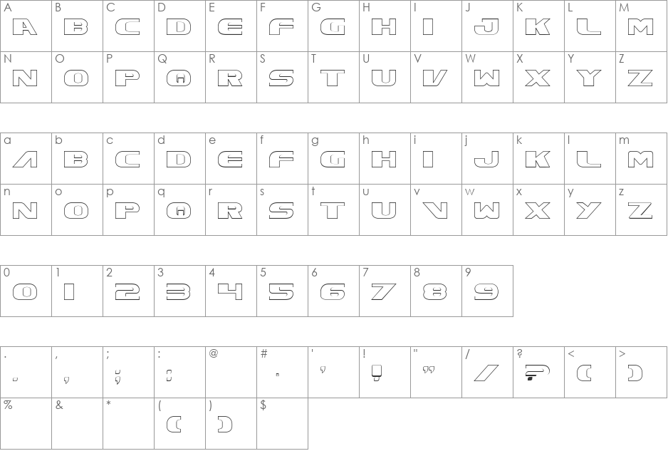 Excelsior Outline font character map preview