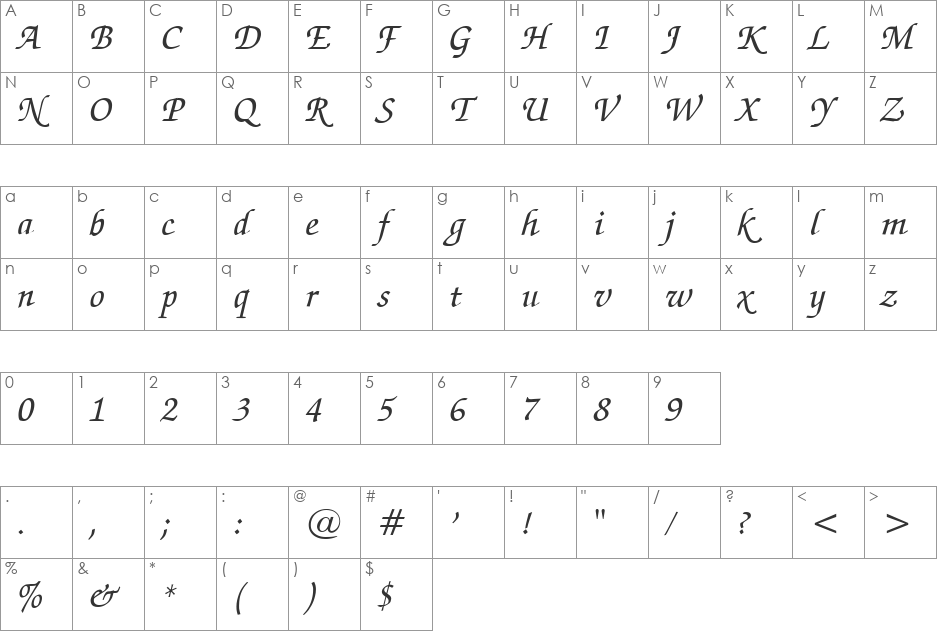 Exchequer Script font character map preview