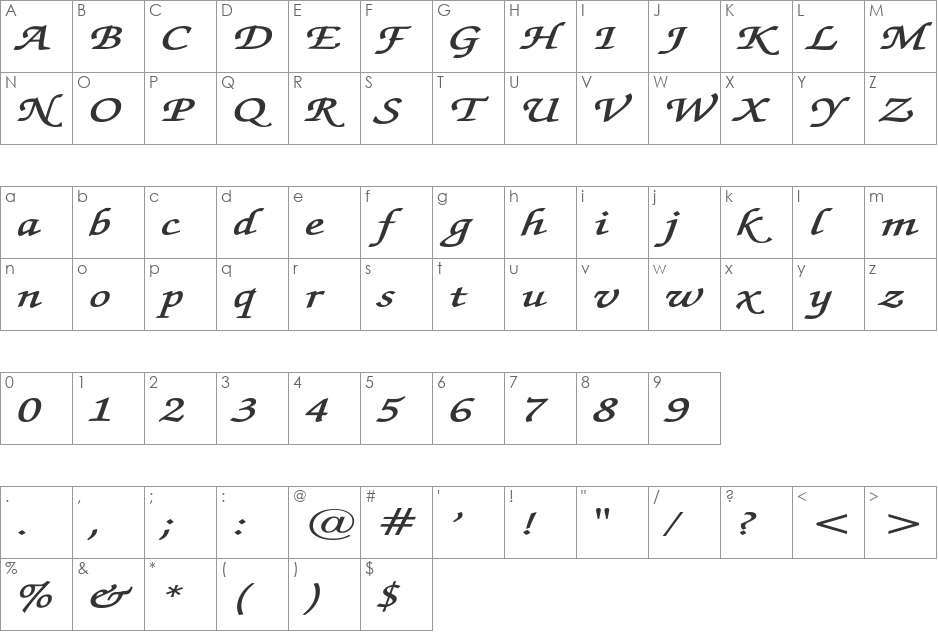 ExchequerScriptExtended font character map preview