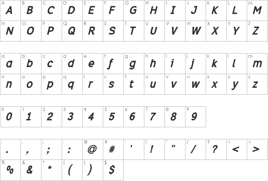 Excite font character map preview