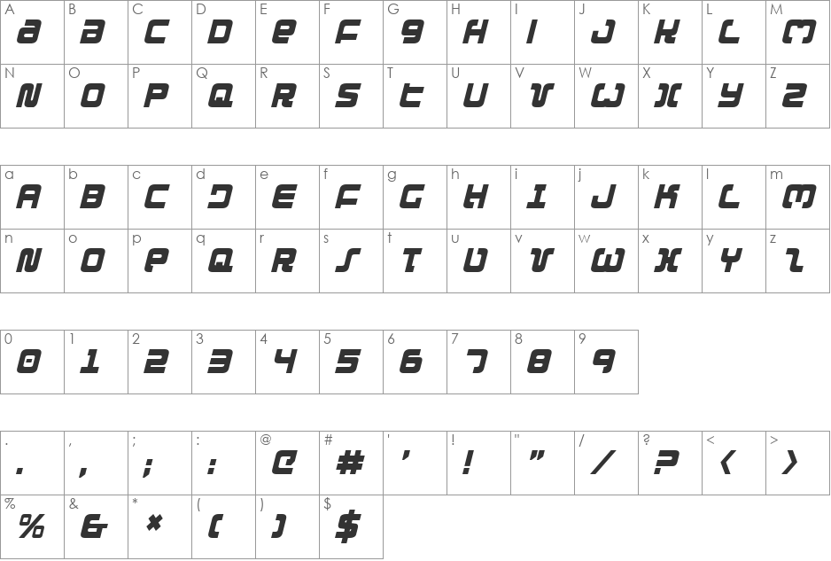 Exedore Condensed Italic font character map preview