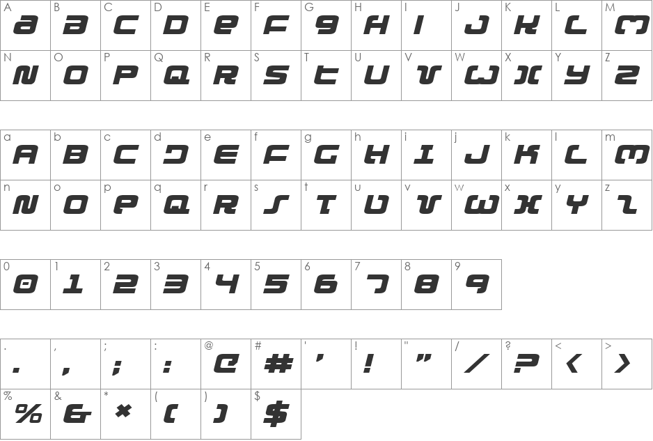 Exedore Expanded Italic font character map preview