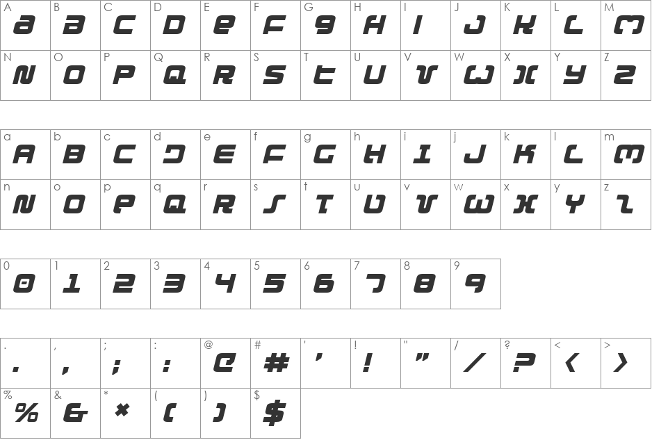 Exedore Italic font character map preview