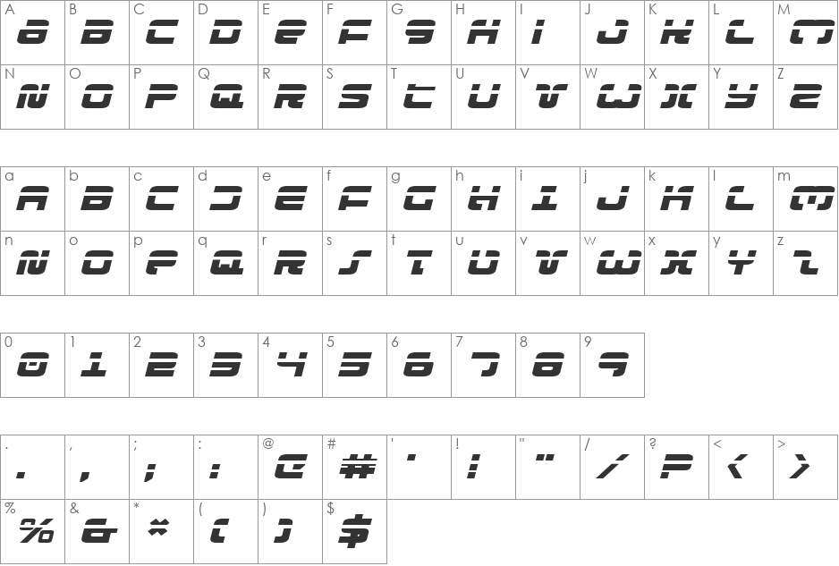 Exedore Laser Exp Italic font character map preview