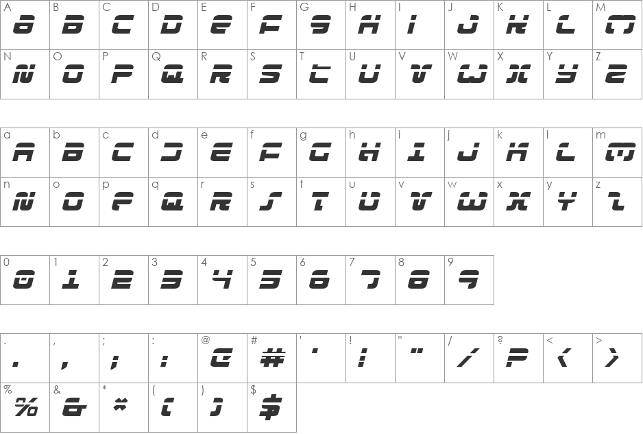 Exedore Laser Italic font character map preview