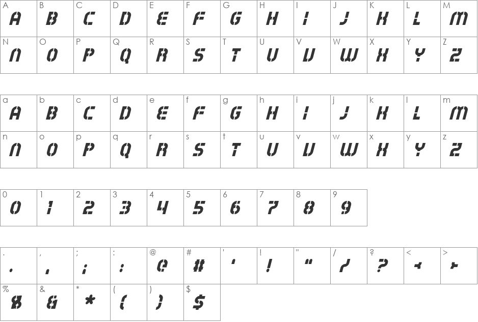 Exostencil font character map preview
