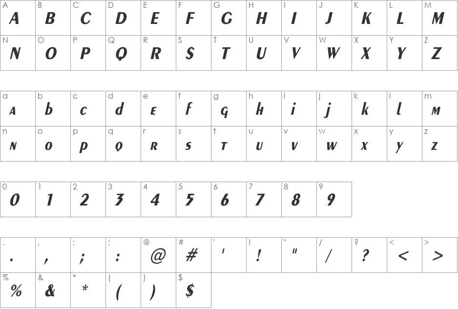 Exotic-Bold Th Italic font character map preview
