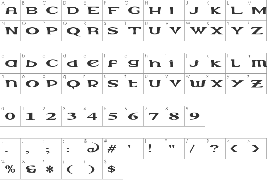 Extrano font character map preview
