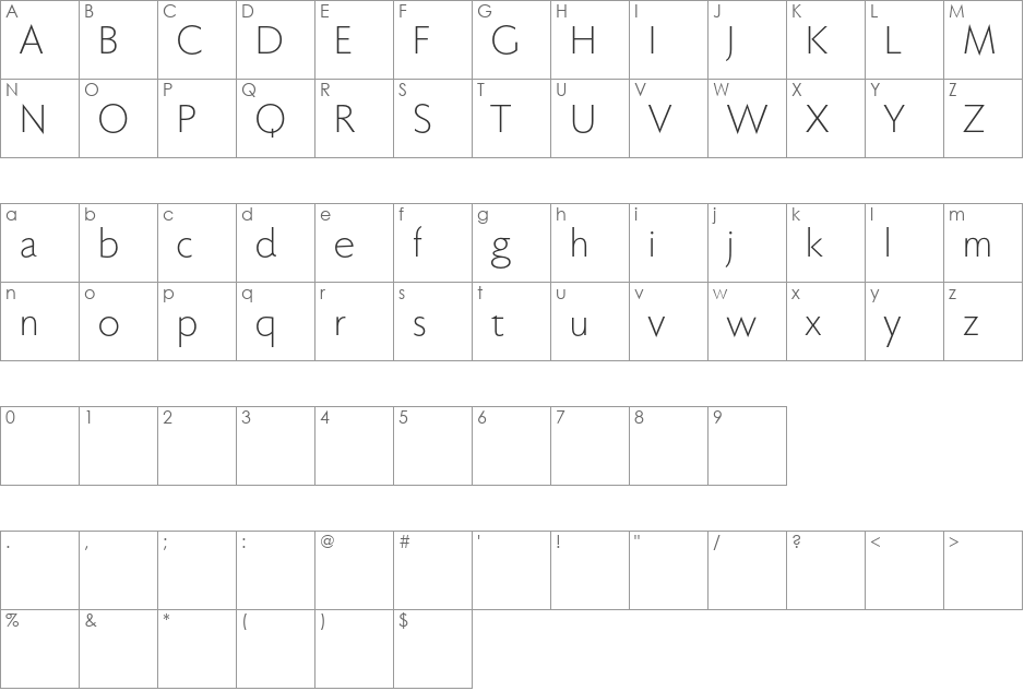 Faber Sans Pro reduced font character map preview