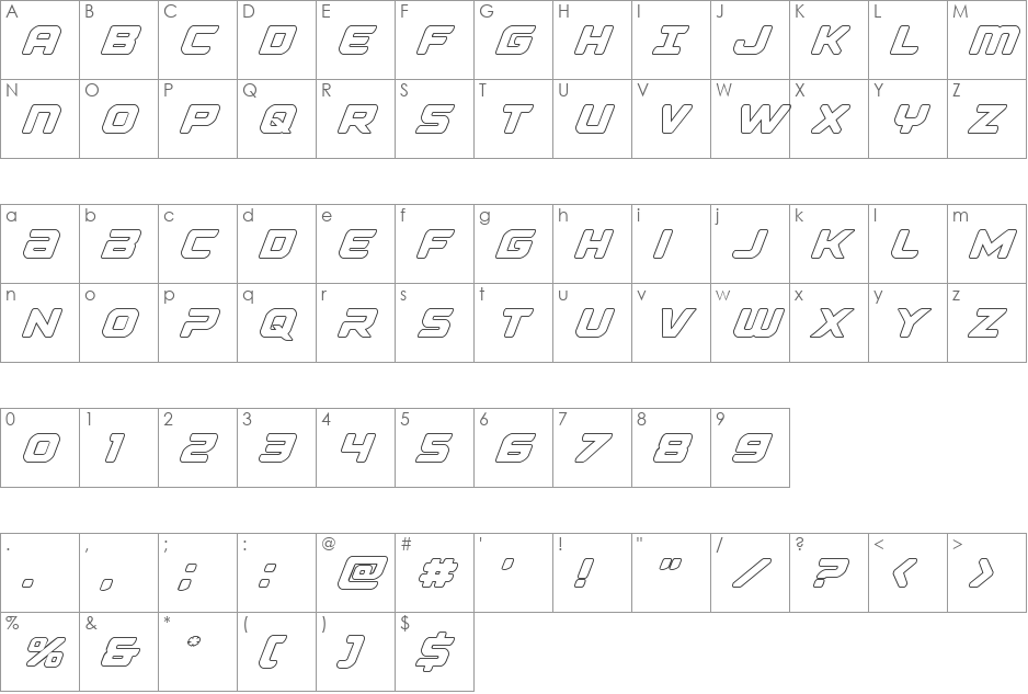 Falcon Punch Outline font character map preview