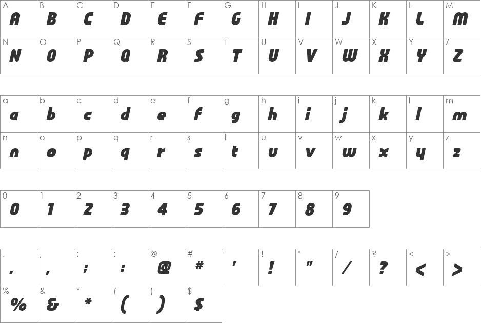 Familian Oblique font character map preview