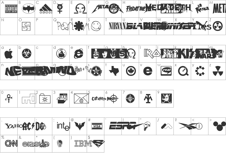 Famous Logos font character map preview