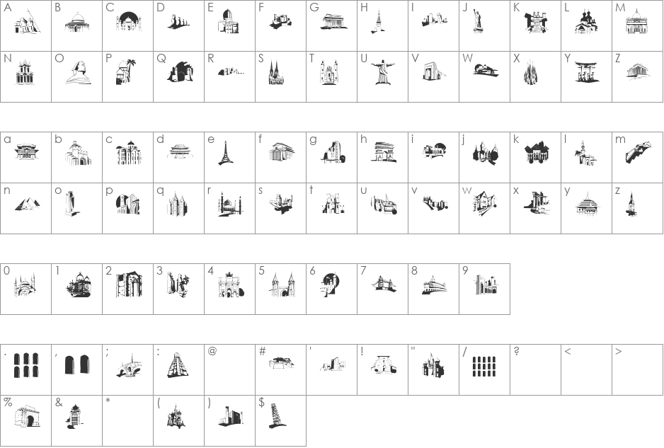 FamousBuildings font character map preview