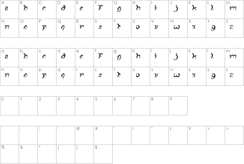 fancy curly font character map preview