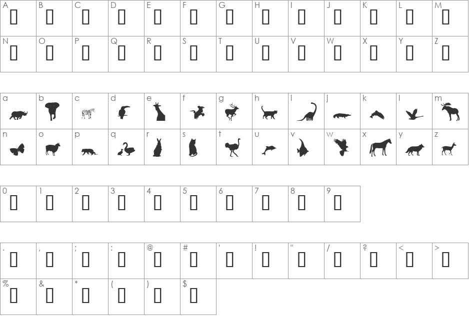Fantas Animals font character map preview