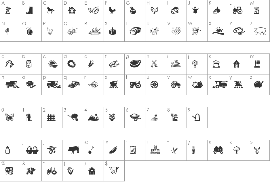 Farm font character map preview
