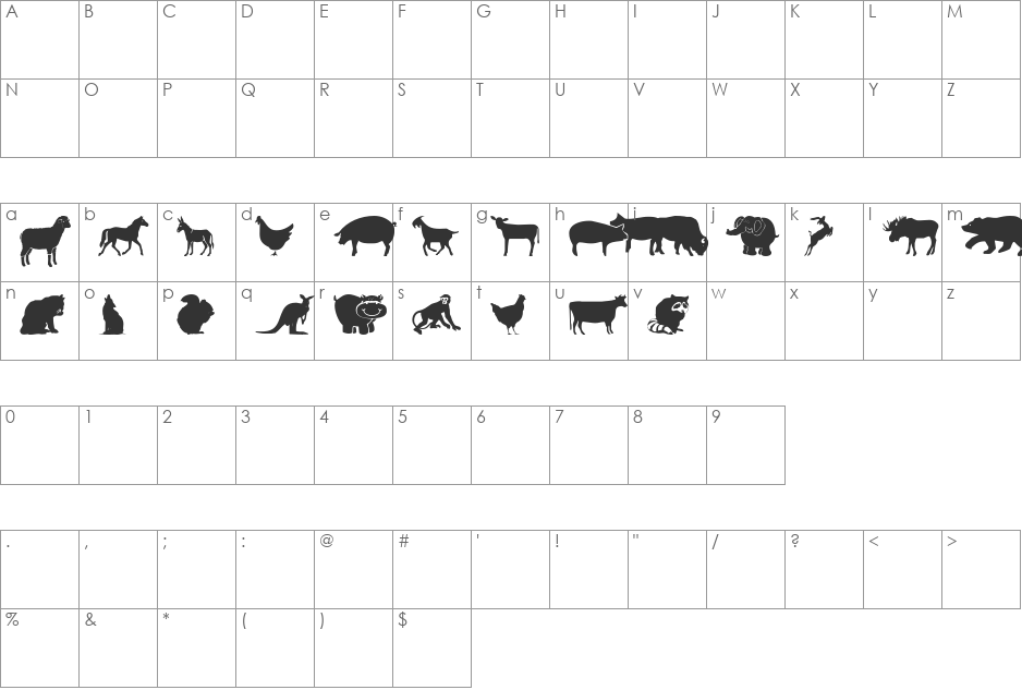 Farm & Wild Animals font character map preview