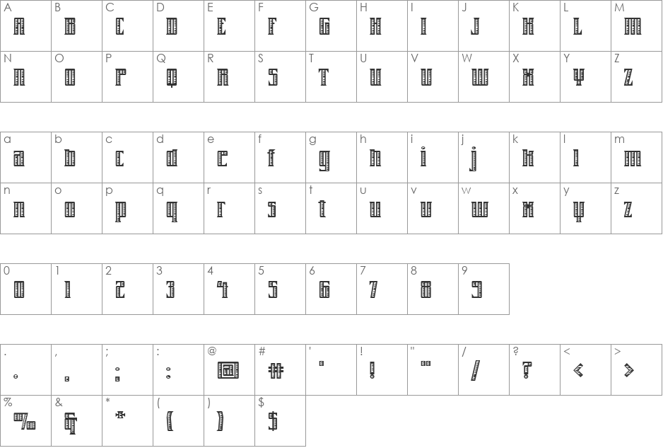 Farrier ICG font character map preview