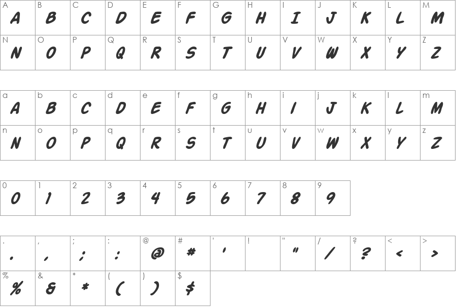 Favouri Titty font character map preview