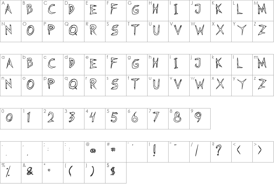 Fearless Coyne Hollow font character map preview