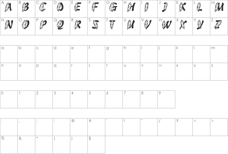 FeathersInYourCaps font character map preview