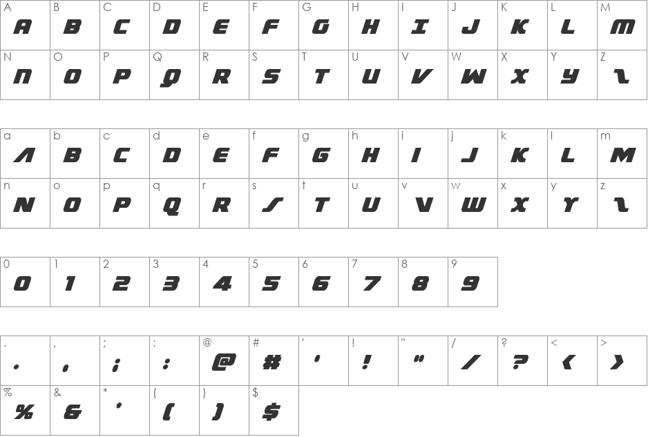 Federal Escort Condensed Italic font character map preview