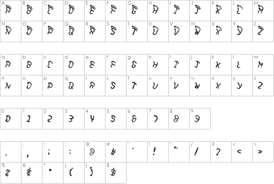 Feetish font character map preview