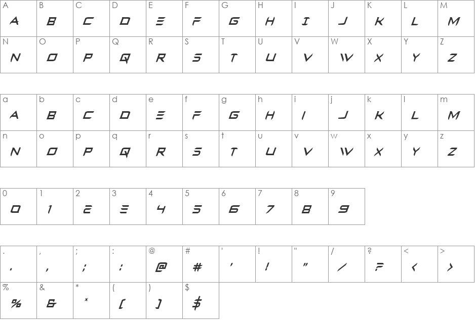 Ferret Face Condensed Italic font character map preview