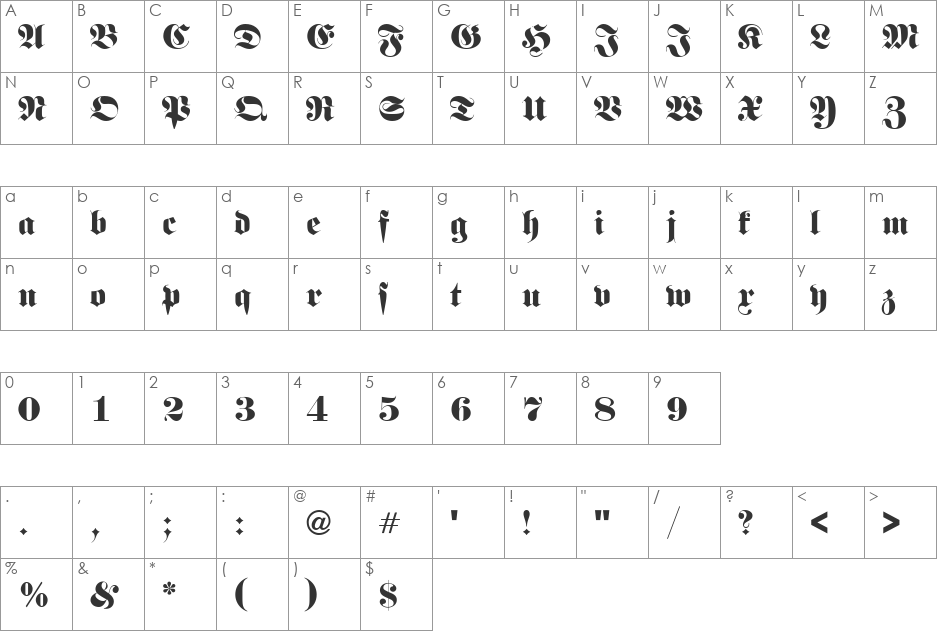 Fette Fraktur font character map preview