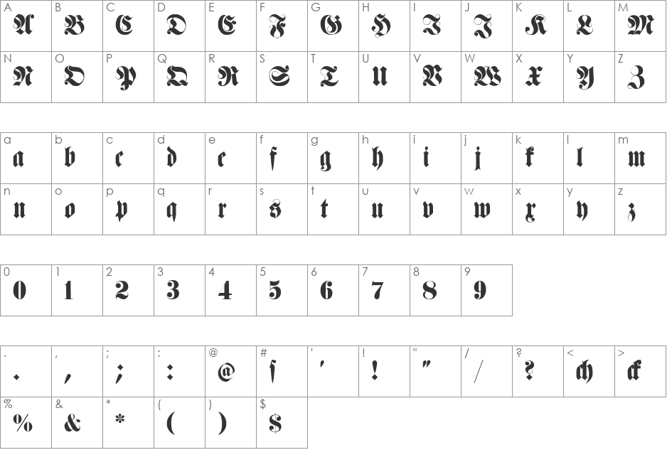 Fette Haenel Fraktur font character map preview