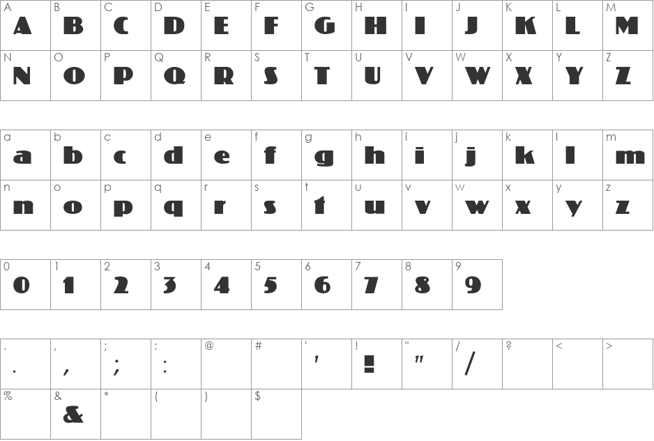 FFD Koloss font character map preview