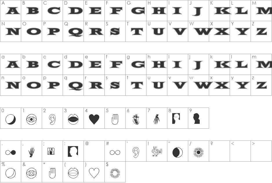 FiftyTwoLetters font character map preview
