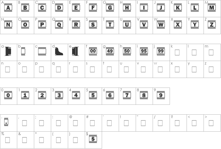FilmStrip font character map preview